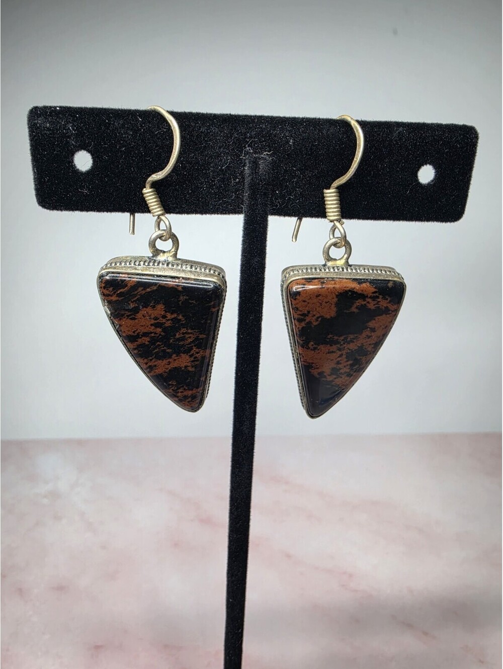 925 stamp Sterling Silver Mahogany Obsidian Triangle Dangle Earrings Vintage